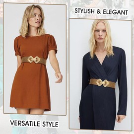 MESU Women Wide Stretchy Belts Waist Elastic Waistband for Dresses Brown Band Gold Buckle 80CM