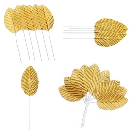 KALIONE 200 Pcs Silk Leaf Golden Leaves with Stems Artificial Leaves Faux Wired Single Crafts Leaf for Flower Bouquet Wreaths DIY Home Wedding Party Decor(Gold)