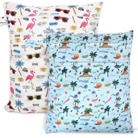 SANFERGE 2pcs Travel Waterproof Laundry Bag, Cloth Diaper Wet Dry Bags with Handle & 2 Zipper Pockets, Reusable Washable Dirty Clothes Bag for Baby Adult Travelling Hanging, Bathing Beach Pool Daycare