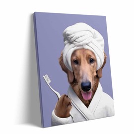 Bathroom Canvas Wall Art Decor Framed Painting - Funny Golden Retriever Brushing Teeth Canvas Art, Dog Bathroom Artwork, Humorous Pet Artwork for Restroom Decor, Picture Print 8X10 inch