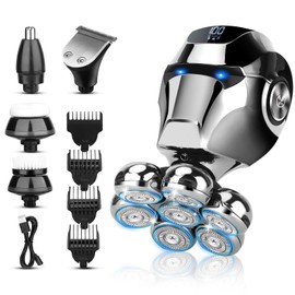 Electric Shaver for Bald Men, 6 in 1 Floating Head Razor with Nose Hair, Sideburns Trimmer, Face Brush, 7D Electric Razor for Men with Type-C Charger, Led Design Waterproof Wet/Dry Design(Golden)