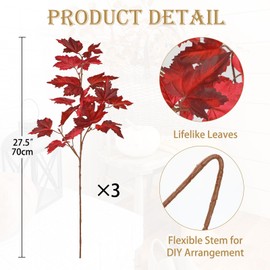 3Pcs Fall Decor Artificial Maple Leaves Branches Fake Fall Leaves Stems Plants Faux Maple Shrubs Leaf Bushes for Home Kitchen Decor Autumn Thanksgiving Fireplace Festival Party Decorations Light Red