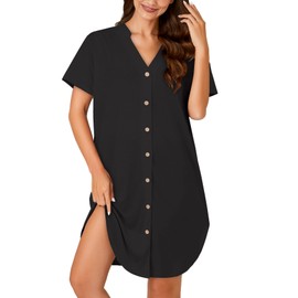 Vrtige Women's Striped Nightshirt Notch V Neck Short Sleeve Button Down Nightdress Nightgown Solid Black Small
