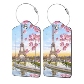 EOBKLAX 2 Pack Luggage Tags for Suitcases,Eiffel Tower in The Spring Morning Luggage Tag,PU Leather Id Label Luggage Tags with Stainless Steel Loop and Privacy Cover for Women Men Teens Travel
