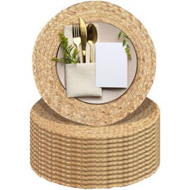 Kochorie Set of 12 Round Woven Placemats 13.5-Inch Natural Water Hyacinth Plant Placemats Hand-Woven Boho Rattan Placemat Wicker Weave Table Mats for Home Dinner Plates Holiday Supplies