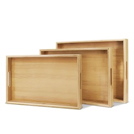 Flexzion Natural Bamboo Tray - 2 Pack Bamboo Serving Tray with Handles - Eco-Friendly Decorative Wooden Handle Food Serving Tray for Eating Breakfast Lunch Dinner