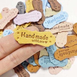 Borsgye Pack of 50 Handmade Leather Labels Tags Hand Made Label for Sewing Handmade Clothing Sewing Labels PU Label Patches with Holes for Jeans Sewing Crafts Clothing Irregular - 10 Colours