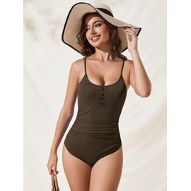 Husmeu Women's One Piece Swimsuits Tummy Control Swimwear Textured Ribbed with Botton Bathing Suit Adjustable Straps Swimming Costume Brown XXL