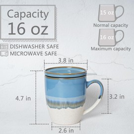 Bosmarlin Ceramic Tea Cup with Infuser and Lid, 16 Oz, 5 Colors to Choose, Dishwasher and Microwave Safe, Reactive Glaze, Steeping Tea Mug with Strainer (Blue)