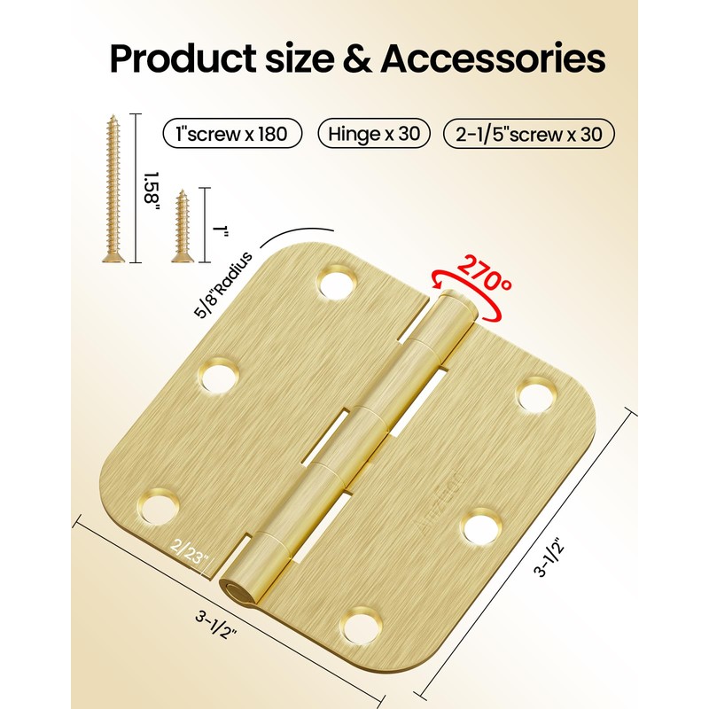 AmzGod Gold Door Hinges - 30 Pack 3.5 Inch Rounded