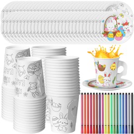 Zhehao 60 Sets of Easter DIY Color Your Own Tea Party Cups with Handle Disposable Eggs Bunnies Tea Cups and Plates Paper Saucer Coloring Activity Crafts for Spring Easter Party with 54 Pcs Marker Pen