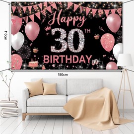 Couryxqq Happy Birthday Banner, 30th Birthday Decorations Backdrop, Extra Large Black Pink Party Decorations, Perfect Birthday Party Supplies Photography Background for Men, and Women, 180x110cm