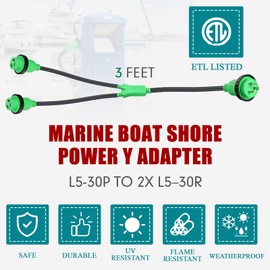 Kanayu 3FT RV Marine Boat Shore Power Adapter L5-30P Male 30A Plug to (2) 30A L5–30R Female, 30 Amp Y Splitter with Locking Ring and Collar