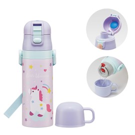 Skater SKDC4-A Children's Stainless Steel Water Bottle, 2-Way Direct Drinking, 16.5 fl oz (470 ml), Cup Drinking, 15.2 fl oz (430 ml), Kid-friendly Lightweight Type, Little Unicorn, For Girls,