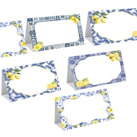 Lemon Place Cards 60pcs Yellow Lemons and Blue Tile Table Name Cards Weeding Buffet Food Label for Coast Birthday Bridal Shower Party Decoration