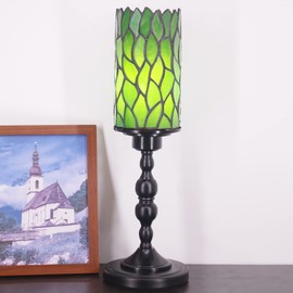 Small Tiffany Table Lamp Stained Glass Candlestick Style Table Light Green Liasion Style Desk Lamp Memory Lamp Sympathy Light (Green Wisteria Leaves Style)