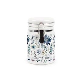 Blue Pastel Flowers Decaf Tea Canister - Pretty Watercolour Floral Gifts - Ceramic Kitchen Food Storage Container with Clip Lid 400ml (13.5cm x 8.5cm)