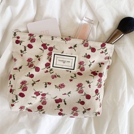 SxoSyo Cosmetic Bags for Women Makeup Bag Large Capacity Purse Travel Toiletry Zipper Storage Pouch Make up Brushes Organizer for Gifts (Beige, Rose)