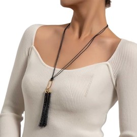 Yienate Fashion Y Necklace Unique Tassel Pendant Tassel Sweater Chain Black Long Necklace Jewelry for Women and Girls