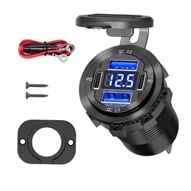 Upgraded 12 V USB Socket - 4 in 1 Car Charger Adapter with QC3.0 Aluminium Charging Socket with Voltmeter for Car Boat Marine Truck Golf RV