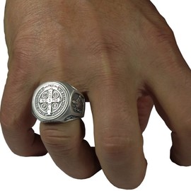 Saint Benedict Sterling Silver 925 Christian Roman Catholic Exorcism Mens Ring, Demon Protection
