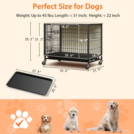 32.5" Dog Crate Furniture, Modern Double-Door Dog Kennel House with Pull-Out Tray & Removable Wheels, Heavy-Duty Wooden Dog Crate, Side Table for Medium Dog Sizes, Rustic Gray