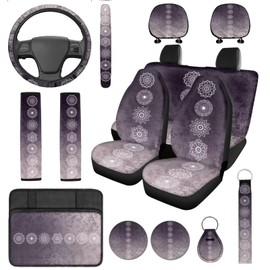 DBBXHZJY 14 Pcs Art Mandala Car Seat Covers Full Set Car Steering Wheel Cover,Seat Belt Covers Cup Holder with Keychain,Novelty Design Gradient Color Automotive Protector Set Unverisal Fit,Purple