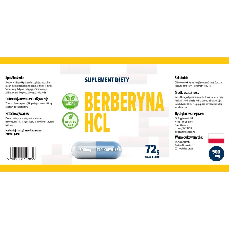 Berberine HCL 500 mg 120 Vegan Capsules, Laboratory Tested, High