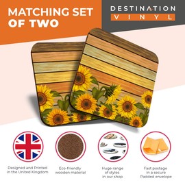 Great Coasters (Set of 2) Square/Glossy Quality Coasters/Tabletop Protection for Any Table Type - Sunflowers on Rustic Wood Flowers Sun #14663
