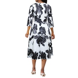 Women's Elegant 3/4 Sleeve Dress Front Chest Black and White Flower Print Zipper Casual Knee Length Dress Sexy A-Line Midi Dress (Black,XXL)