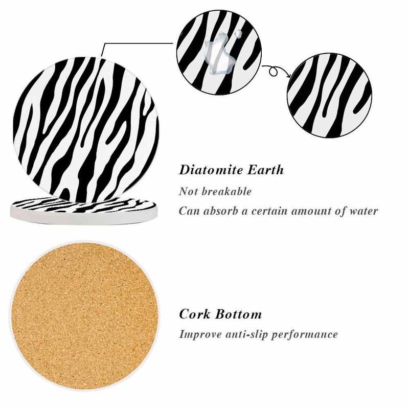 oFloral Black White Coasters for Drinks Zebra Stripe Animal Skin