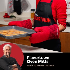 Guy Fieri's Flavortown Kitchen Essentials Bundles, Red Flame 2-Piece Oven Mitts Set, High Heat Resistant up to 450°F, Durable Cotton, Ideal for Cooking, Grilling & Hot Cookware