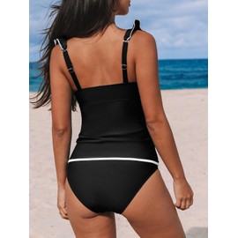 CUPSHE Tankini-Sets für Damen, V-Ausschnitt, gerüscht, verstellbare Träger, gerüscht, Bauchkontrolle, zweiteiliger Badeanzug, Bademode (XS - 4XL), Schwarz , S