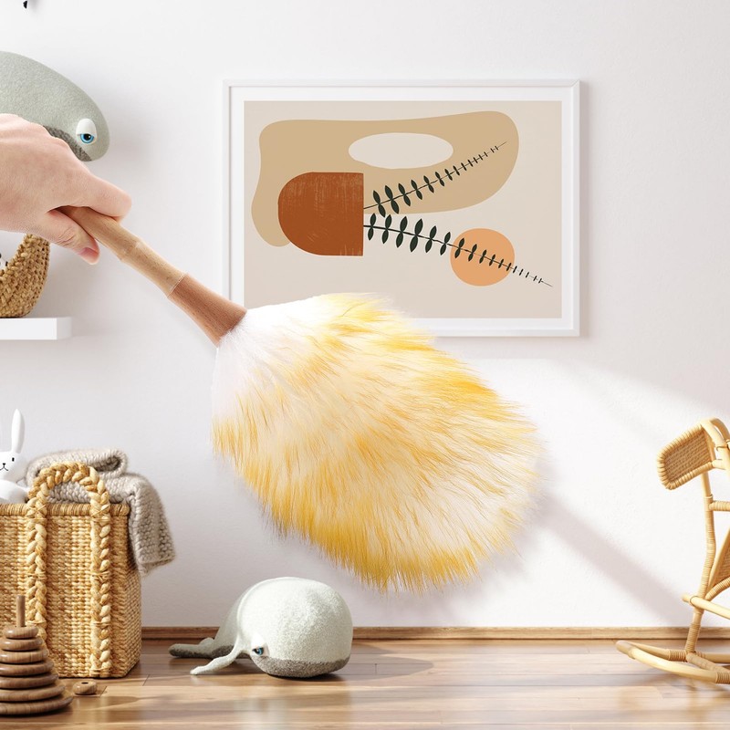 FeelfunFeather Feather Duster, Lambswool Duster for Cleaning,with Solid Wooden Handle,Leather