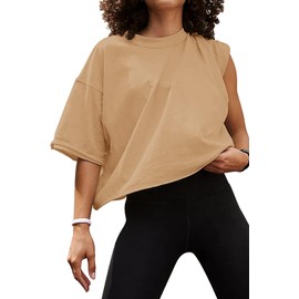 Carpetcom Oversized Workout Shirts for Women Short Sleeve Drop Shoulder Soft Basic Crop Tops Baggy Roll Hem Gym Yoga Sport Tee Black Light Khaki