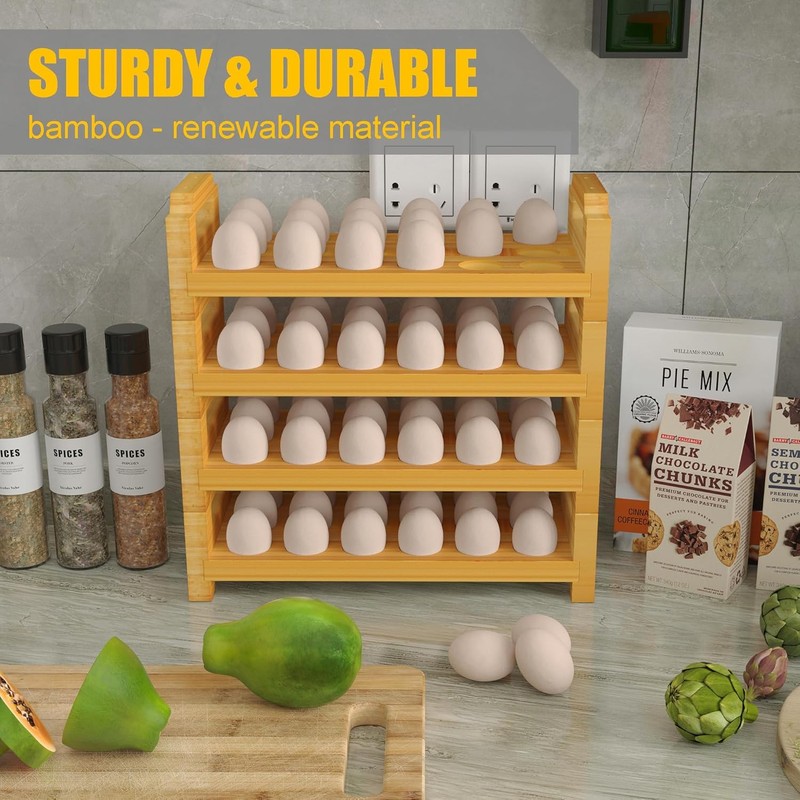Bamboo Egg Holder & Storage - Stackable Large Capacity Organizer,