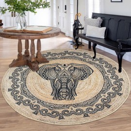 Lacomfy Boho Rug 5Ft Round Elephant Bedroom Carpet Circle Farmhouse Living Room Floor Mat Nonslip Dining Room Area Rug Non Shedding Washable Throw Rug for Kids Room Home Decor, 5.2Ft