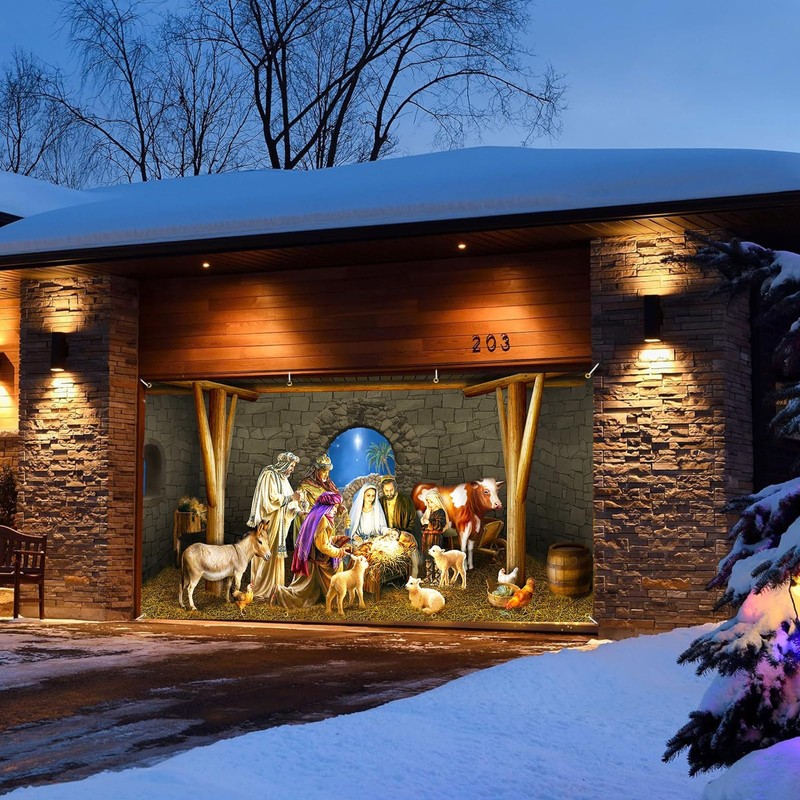 Ratoyal Christmas Nativity Garage Door Banner 16 x 7 ft,