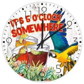 15 Inch Silent Non-Ticking Wall Clocks Battery Operated It's Five O'clock Somewhere Wooden Wall Decor for Patio Beer Bar Club Glass Parrot Country Round Wooden Wall Clock Vintage for Pool Restroom