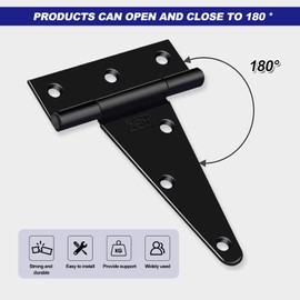 4pcs T Gate Door Hinges, 3inch Black Garden Gate Shed Hinges Heavy Duty Metal T Strap Tee Hinge with Screw for Wooden Shed Gates Barn Windows