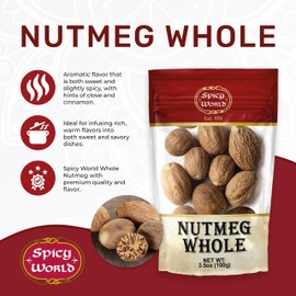 Spicy World Nutmeg Whole 3.5oz (100g) - Premium Grade from Indonesia, Pure, Natural, Gluten Free
