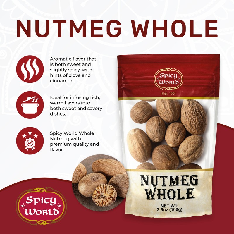 Spicy World Nutmeg Whole 3.5oz (100g) - Premium Grade from