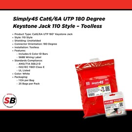 Simply45 Cat6/6A UTP 180 Degree Keystone Jack 110 Style - White, 25-Pack - Toolless, w/6 Color ID, 568B Wiring Label, ANSI/TIA 568.2-D, ISO/IEC 11801 Class E - S45-3600W-25