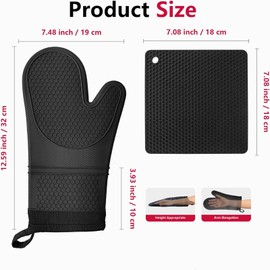 2-Pack Heat-Resistant Silicone Oven Mitts and 2 Square Pot Holders Set, Non-Slip Kitchen Gloves & Hot Pads for Cooking, Baking, Grilling (Extra Long12.59Inches, Durable, Easy Clean)