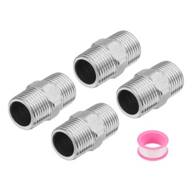 uxcell 4pcs Hex Nipple Stainless Steel Pipe Fitting G1/2" Male x G1/2" Male Threaded Pipe Adapter Pipe Connector with PTFE Tape for Water, Gas, Fuel Pipeline (Silver Tone, 38mm/1.5")