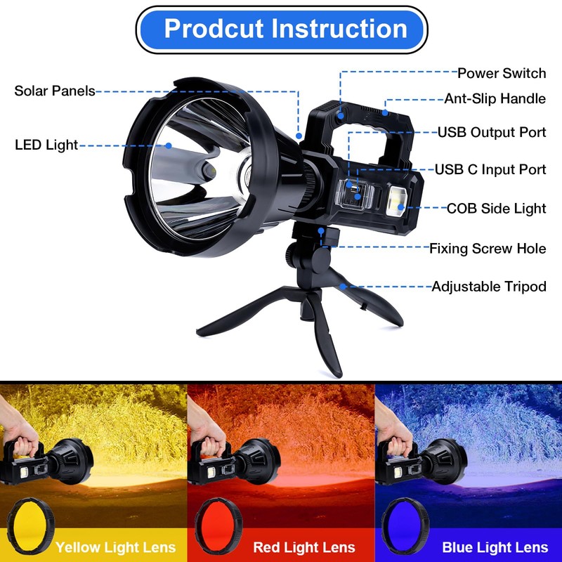 Peascat Rechargeable Spotlight Flashlight Handheld 3,000,000L, 6 Modes Super Bright