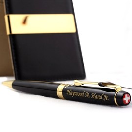 Free engraving - 24K Gold, Mens Leather Money Clips, Roller Ballpen, Ballpoint pen, Ball pen, Groomsmen Gift,Three Lines Each 20 Characters, Free Customization (NAVI)