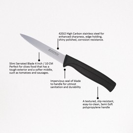 Kitchen Utility Knife - MATTSTONE HILL 4 Inch Serrated Paring Knife, Vegetable Knife, Slim Blade, Premium Stainless Steel, Semi Soft Handle, Black