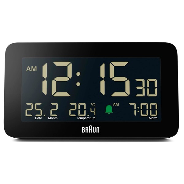 Braun Sveglia digitale con visualizzazione di data, mese e temperatura, display LCD negativo, set rapido, allarme acustico Crescendo in nero, modello BC10B (1 confezione)