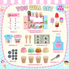 INNOCHEER Ice Cream Toy, Wooden Ice Cream Play Set, Pretend Play Kitchen Toys, Ice Cream Toys for Toddlers, Ice Cream Shop Playset Play Store, Gifts Toys for 2 3 4 5 6 7 8+ Year Old Girls Boys